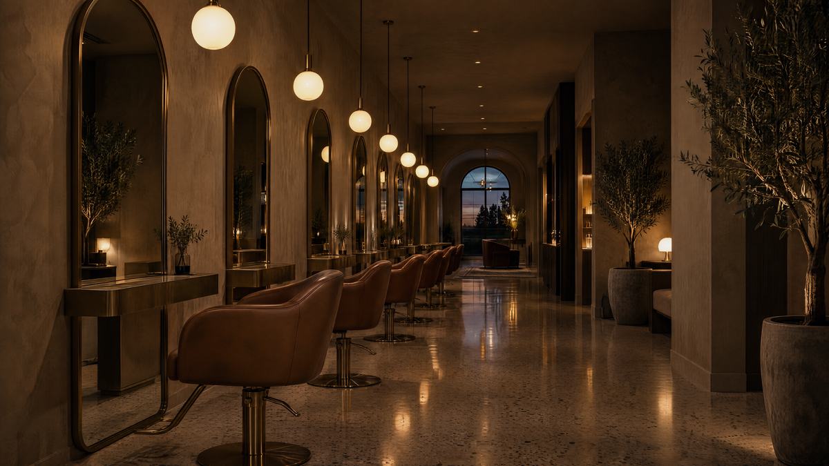 A salon styling floor at dusk: arched brass mirrors, leather chairs and globe lights leading to an arched window (an AI-made illustration)