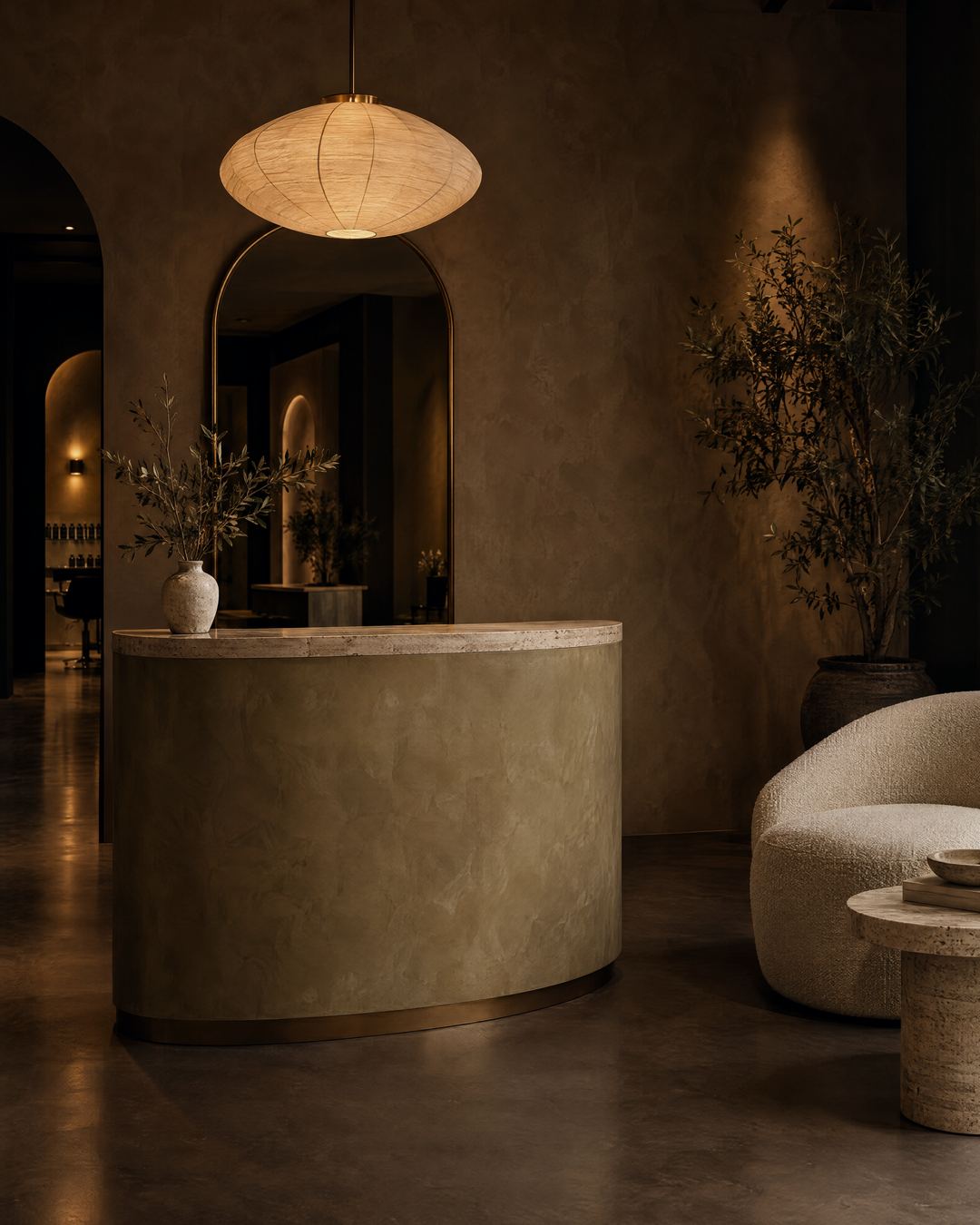 A curved plaster reception desk under a paper lantern, an arched mirror behind it and the styling floor through the doorway (an AI-made illustration)