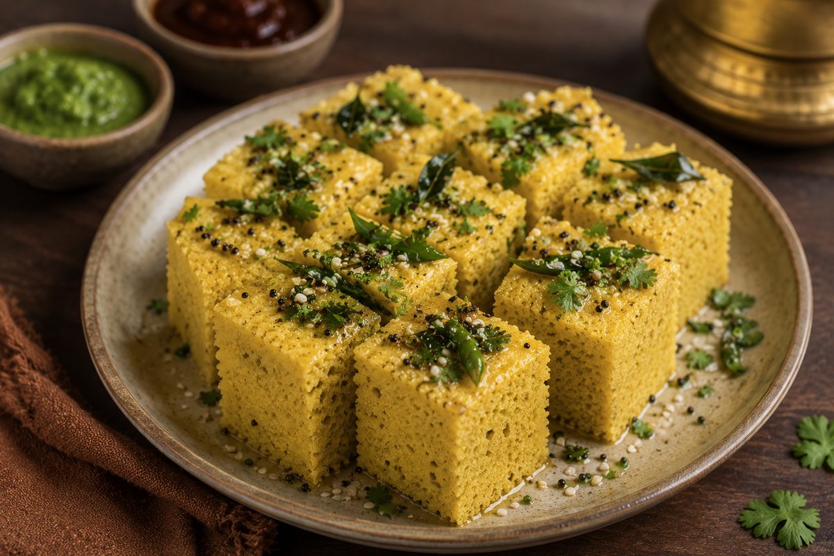Soft steamed dhokla squares tempered with mustard seeds and coriander