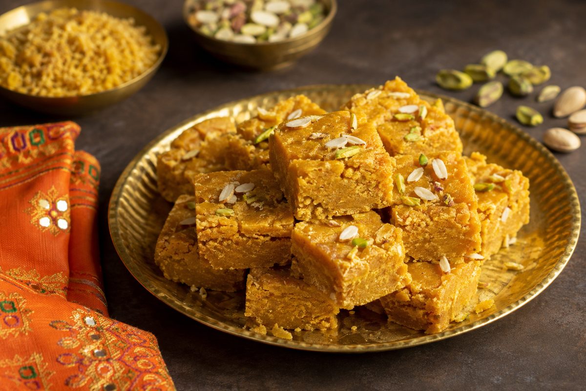 Diamond-cut mohanthal — gram-flour fudge topped with pistachio and almond