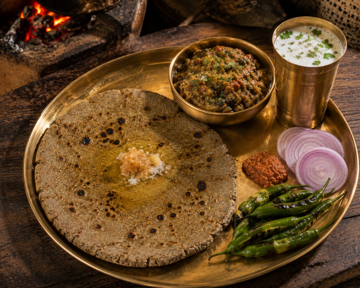 Ringan no olo — smoky roasted-eggplant mash with bajra rotlo, chaas and charred green chillies
