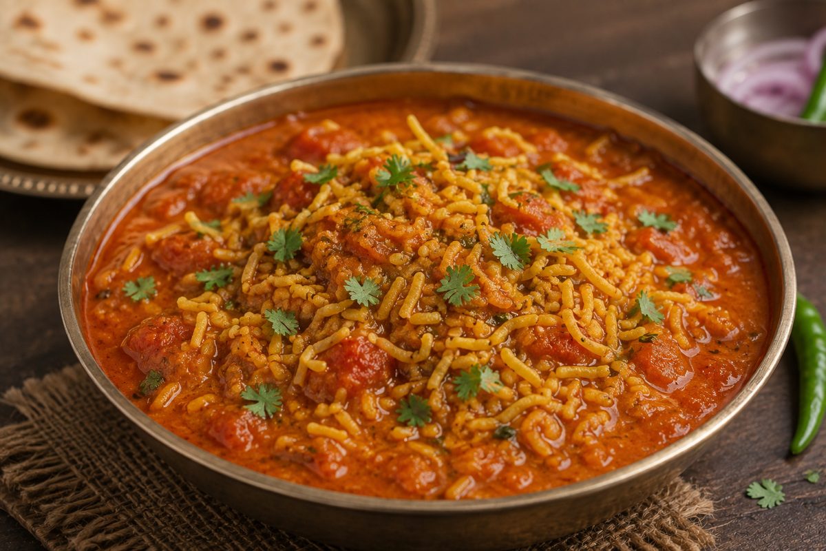 A tomato-based curry finished with crisp sev and coriander