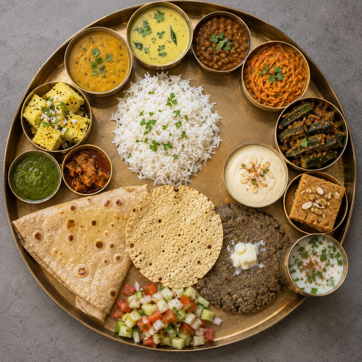 A full Gujarati thali with rotli, shaak, dal, kadhi, rice, farsan, sweet and chaas